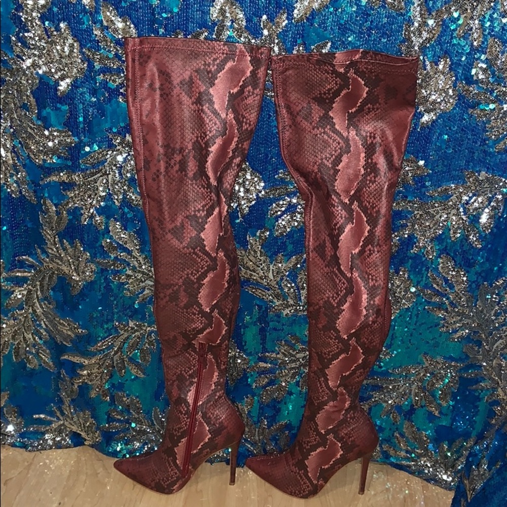 Red Snakeskin Thigh High Heel Boots